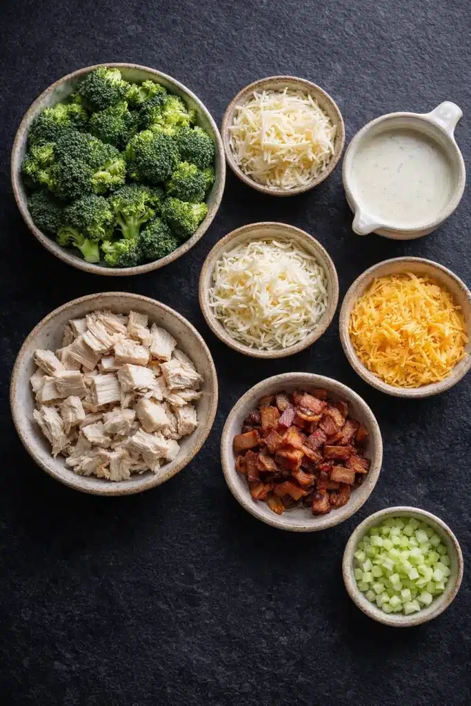 Ingredients for Chicken Casserole with Broccoli and Bacon in bowls