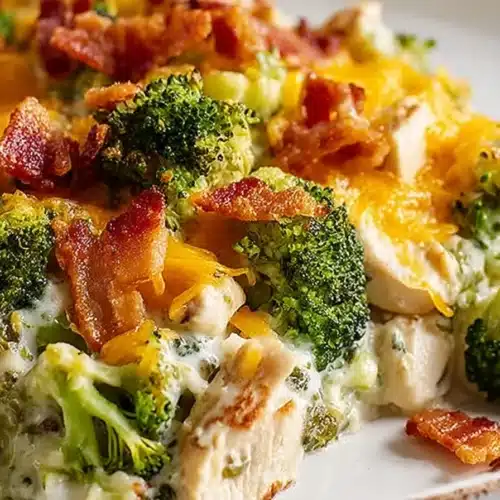 Chicken casserole with broccoli and crispy bacon topped with melted cheese