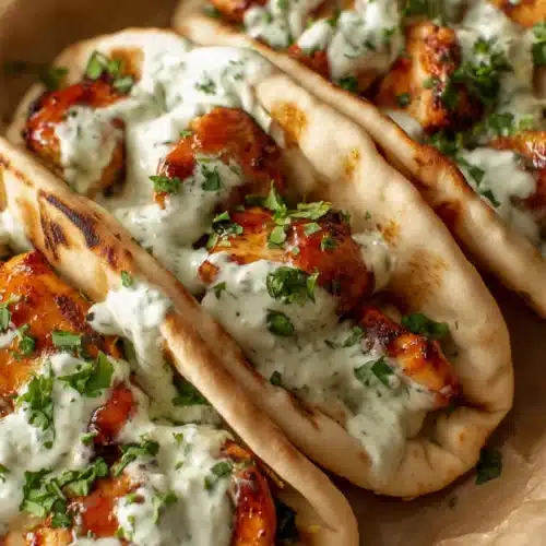Chicken Pitas with Herby Ranch 3 Chicken pitas with herby ranch sauce and roasted glazed chicken