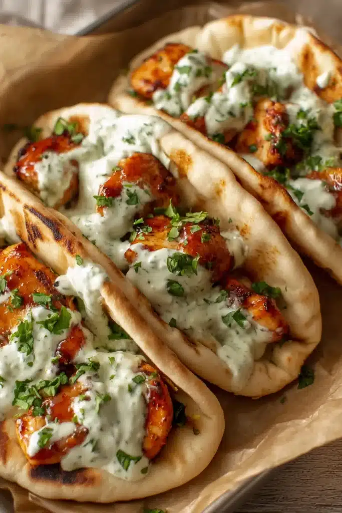 Chicken Pitas with Herby Ranch 1 Chicken pitas with herby ranch sauce and roasted glazed chicken