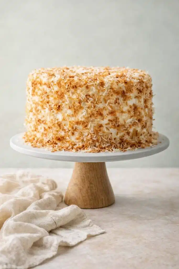 Coconut Custard Cake 2 Whole coconut custard cake covered in toasted coconut on marble cake stand