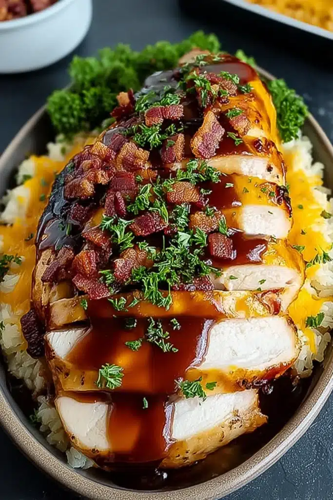 Cowboy BBQ Bacon Cheddar Chicken 1 Cowboy BBQ bacon cheddar chicken with melted cheese and crispy bacon