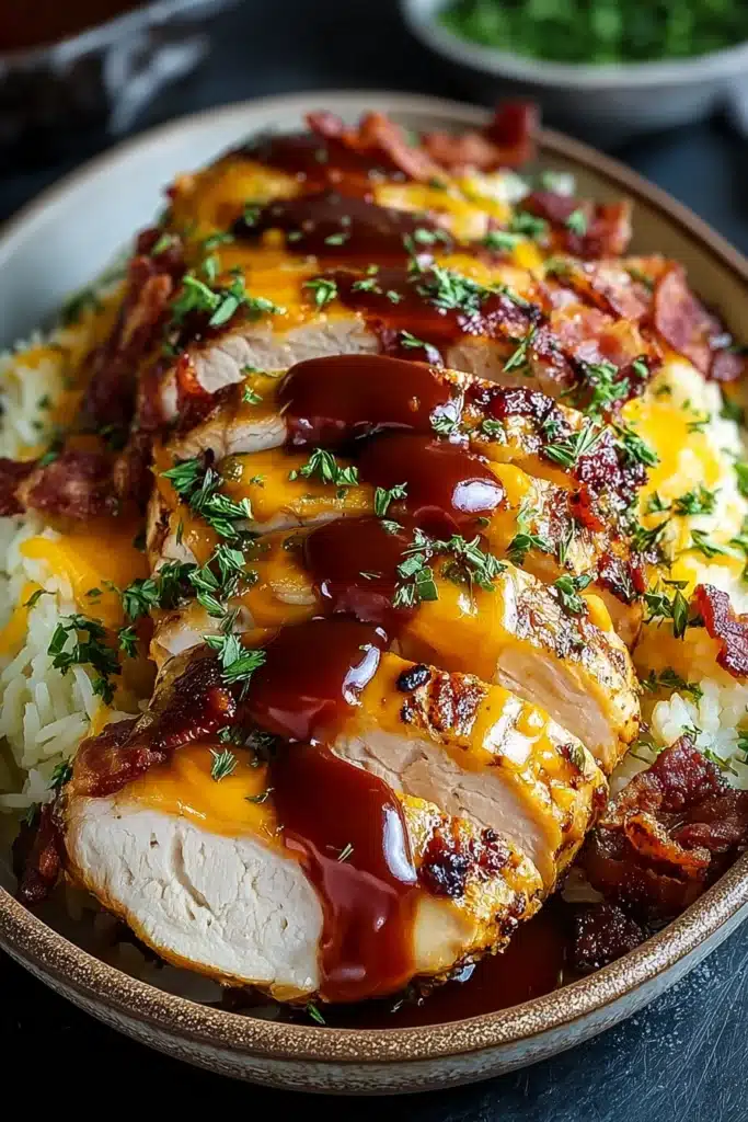 Cowboy BBQ Bacon Cheddar Chicken 2 Cowboy BBQ Bacon Cheddar Chicken sliced with melted cheese and crispy bacon