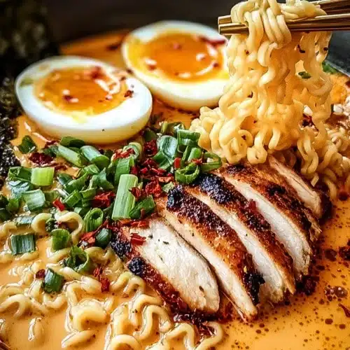 Creamy garlic chicken ramen with grilled chicken, soft egg, and green onions in rich broth