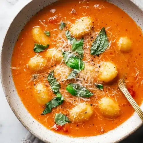Creamy Tomato Gnocchi Soup 3 Creamy tomato gnocchi soup with basil and parmesan in ceramic bowl