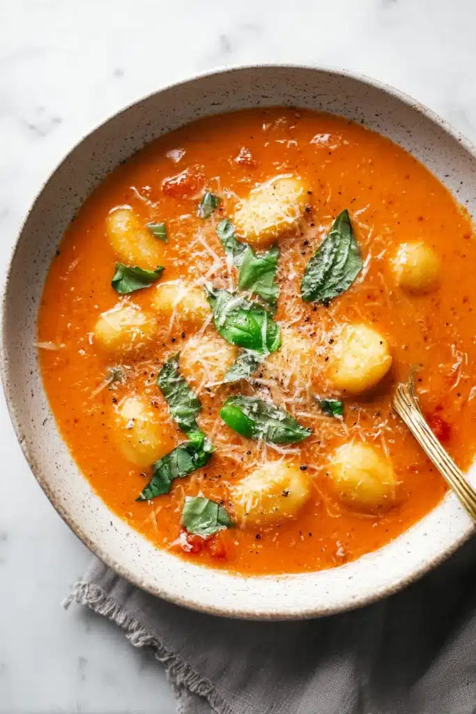 Creamy Tomato Gnocchi Soup 1 Creamy tomato gnocchi soup with basil and parmesan in ceramic bowl