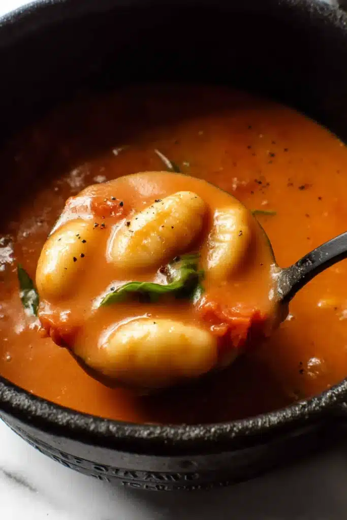 Creamy Tomato Gnocchi Soup 2 Creamy Tomato Gnocchi Soup in ladle with velvety tomato broth