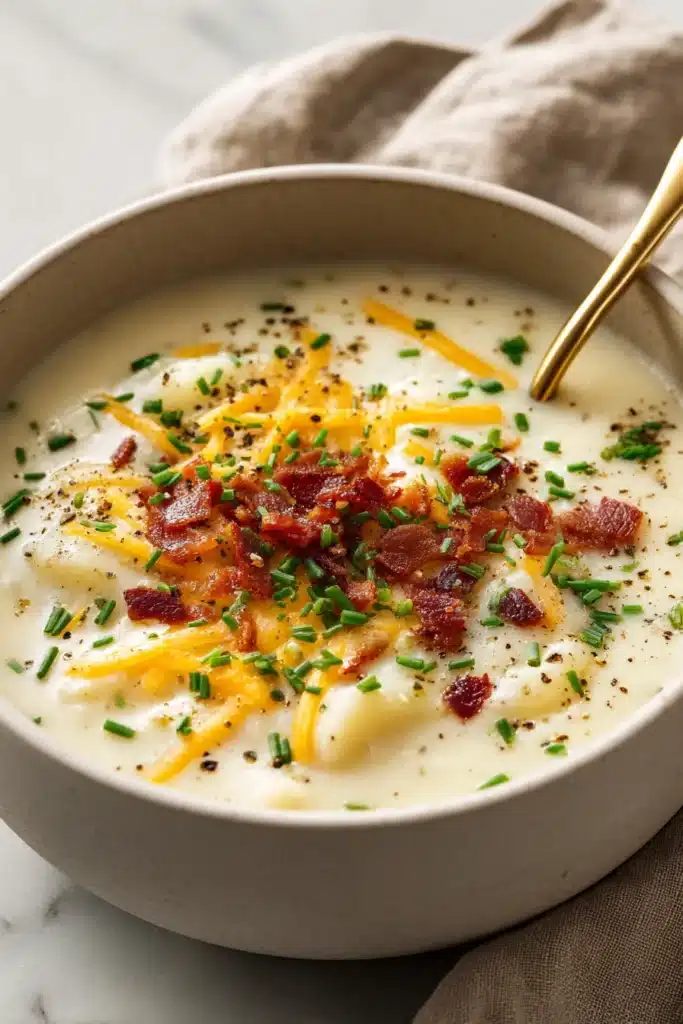 Crock Pot Crack Potato Soup 1 Crock Pot Crack Potato Soup with cheddar, bacon, and green onions in rustic bowl