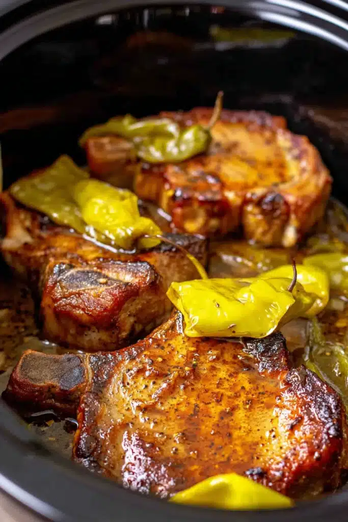Golden Crock Pot Mississippi Pork Chops with pepperoncini peppers