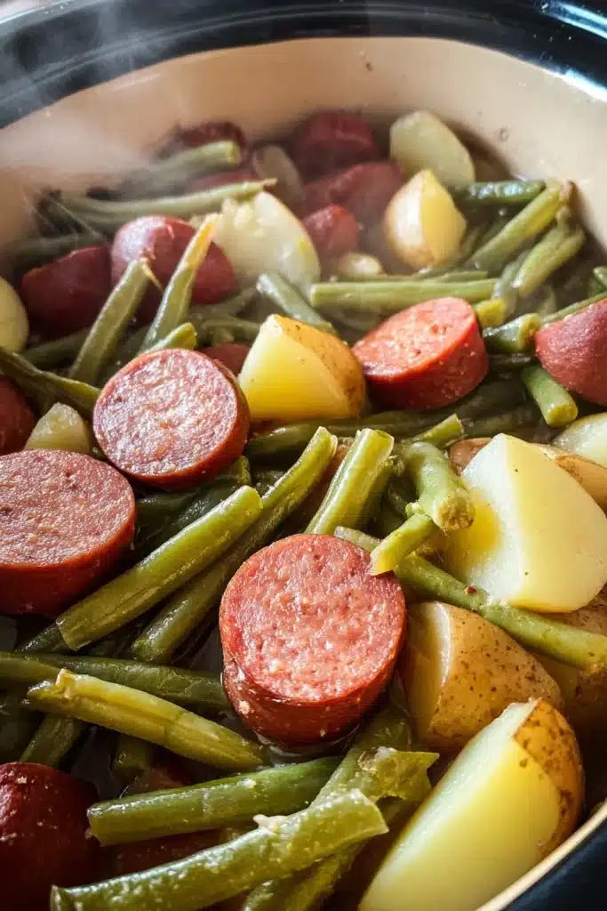 Crockpot Kielbasa and Green Beans with potatoes in slow cooker