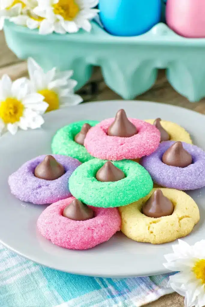 Easter Blossom Cookies 1 Colorful Easter blossom cookies with chocolate kisses on white plate