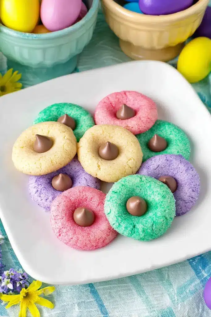 Easter Blossom Cookies 2 Easter Blossom Cookies on white plate with pastel sugar and chocolate kisses