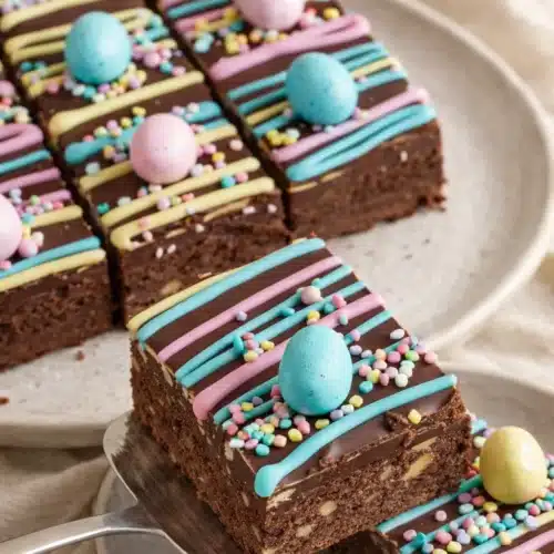 Fudgy Easter brownies with pastel drizzle and mini candy eggs