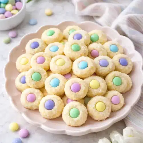 Easter Bunny Button Cookies Sweet and Easy Spring Treat 3 Pastel Easter Bunny Button Cookies on ceramic plate with colorful candy centers