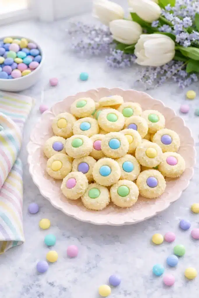 Easter Bunny Button Cookies Sweet and Easy Spring Treat 2 Pastel Easter Bunny Button Cookies on ceramic plate with colorful candy centers