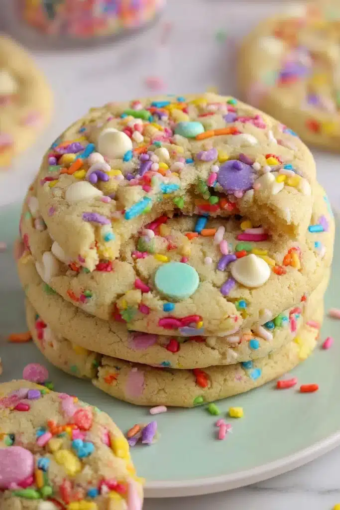 Easter Cookies That Are Soft, Chewy, and Perfectly Festive 1 Stack of soft Easter cookies with colorful sprinkles and white chocolate chunks