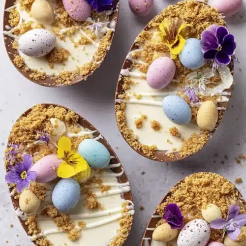 Easter Egg Cheesecake Recipe That Will Make You Smile 3 Easter egg cheesecakes with pastel mini eggs, cookie crumbs and edible flowers