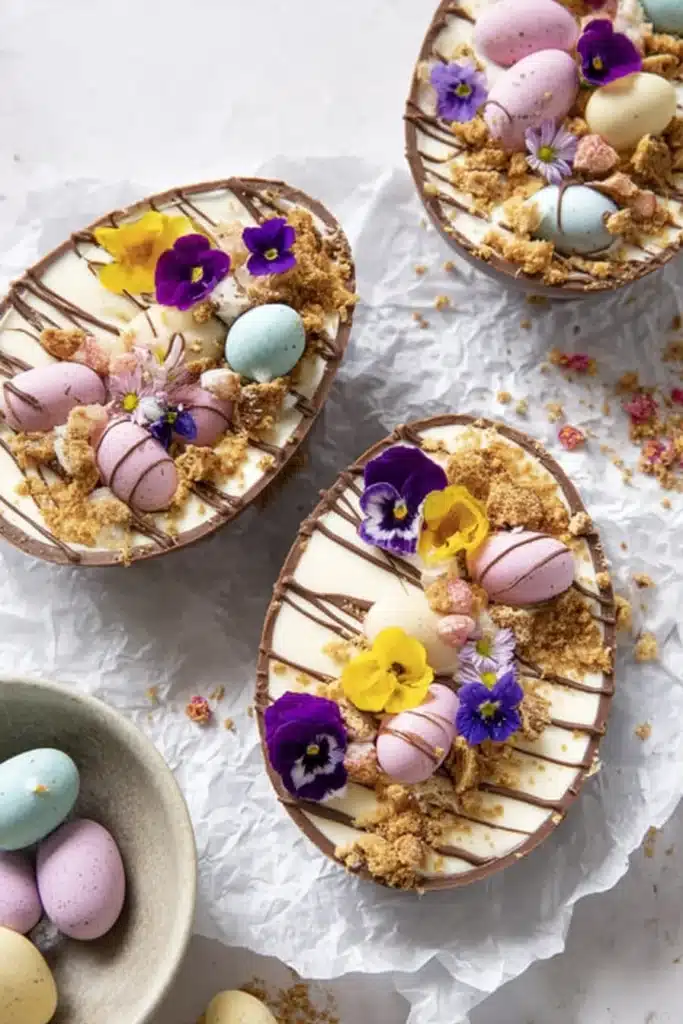 Easter Egg Cheesecake Recipe That Will Make You Smile 2 Decorated Easter Egg Cheesecake with pastel mini eggs and edible flowers