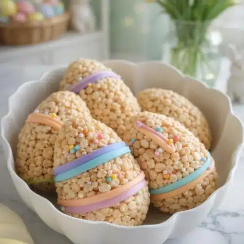 Close-up of Easter Egg Rice Krispies with pastel icing in bowl