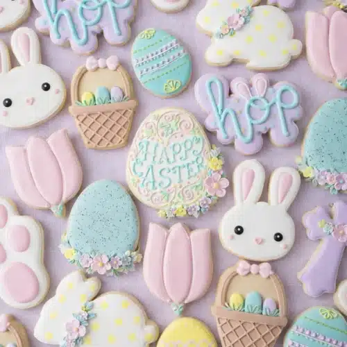 Easter Sugar Cookies 4 Assorted pastel Easter Sugar Cookies decorated with royal icing designs