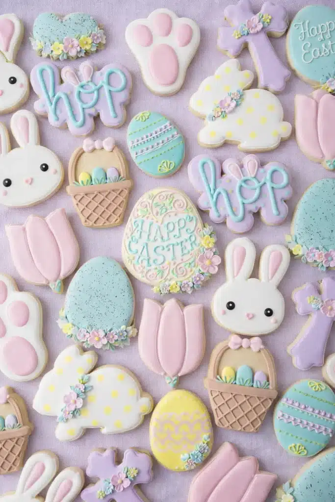 Easter Sugar Cookies 1 Assorted pastel Easter Sugar Cookies decorated with royal icing designs