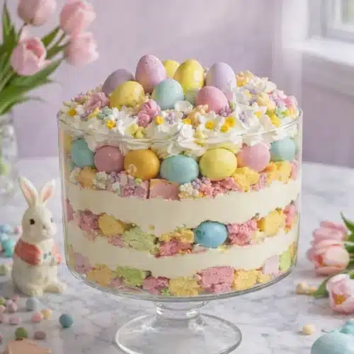 Easter Trifle Dessert 3 Pastel Easter trifle dessert in glass bowl with layered cake, pudding and candy eggs