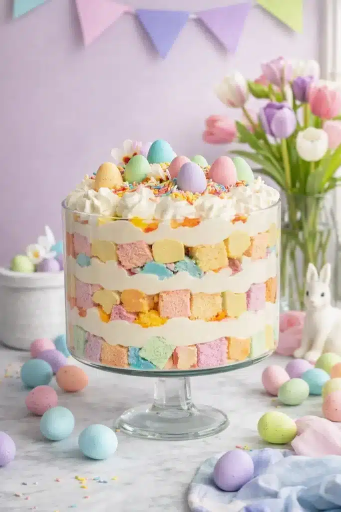 Easter Trifle Dessert 2 Easter Trifle Dessert layered with pastel cake and creamy pudding in glass bowl