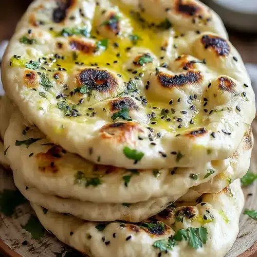 Easy Homemade Naan bread with butter, cilantro, and sesame seeds on a rustic plate