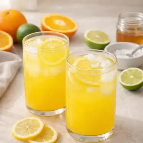 Homemade electrolyte drink with lemon slices and ice in glass jars