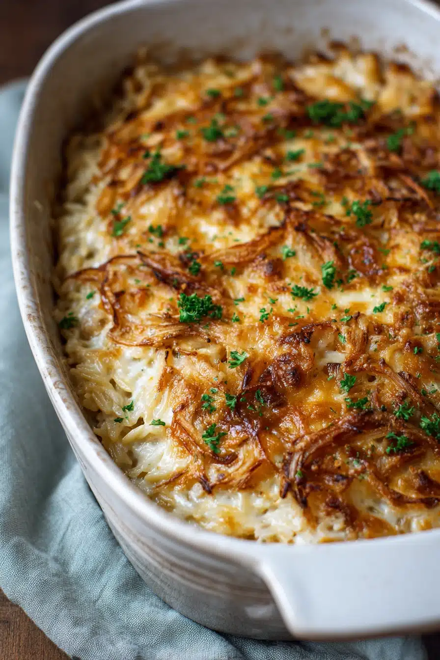 French Onion Chicken Orzo Casserole