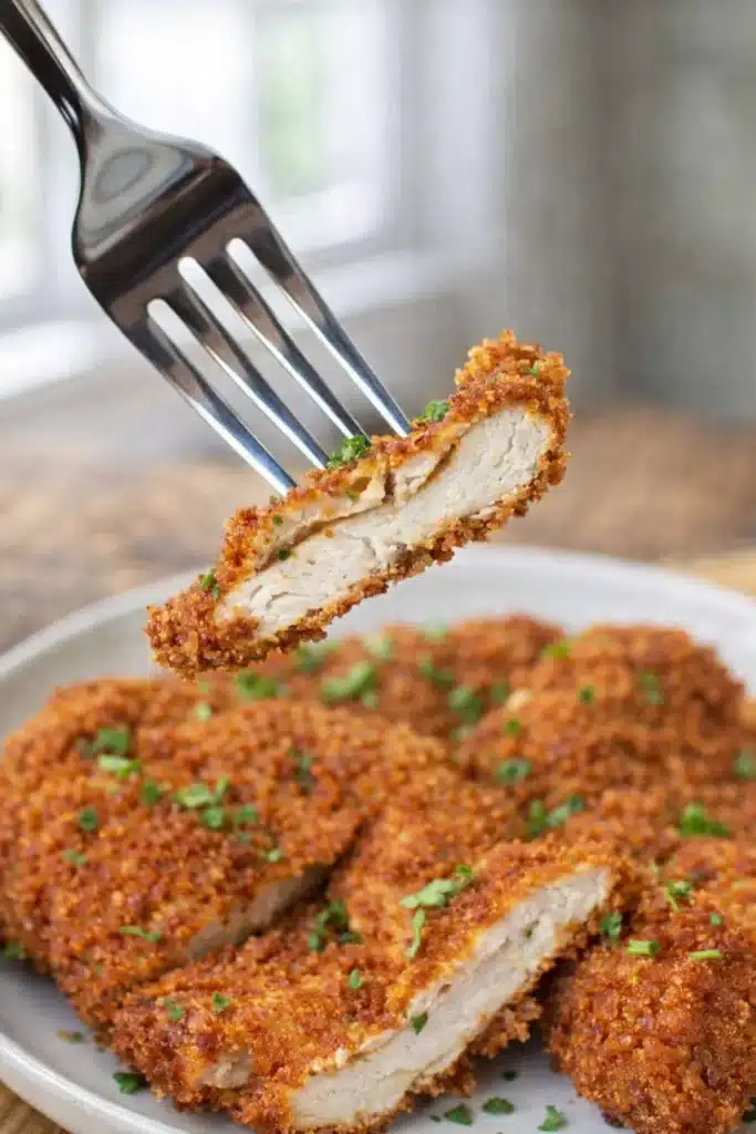 Fried Chicken Cutlets 1 Crispy fried chicken cutlet sliced on fork with juicy center