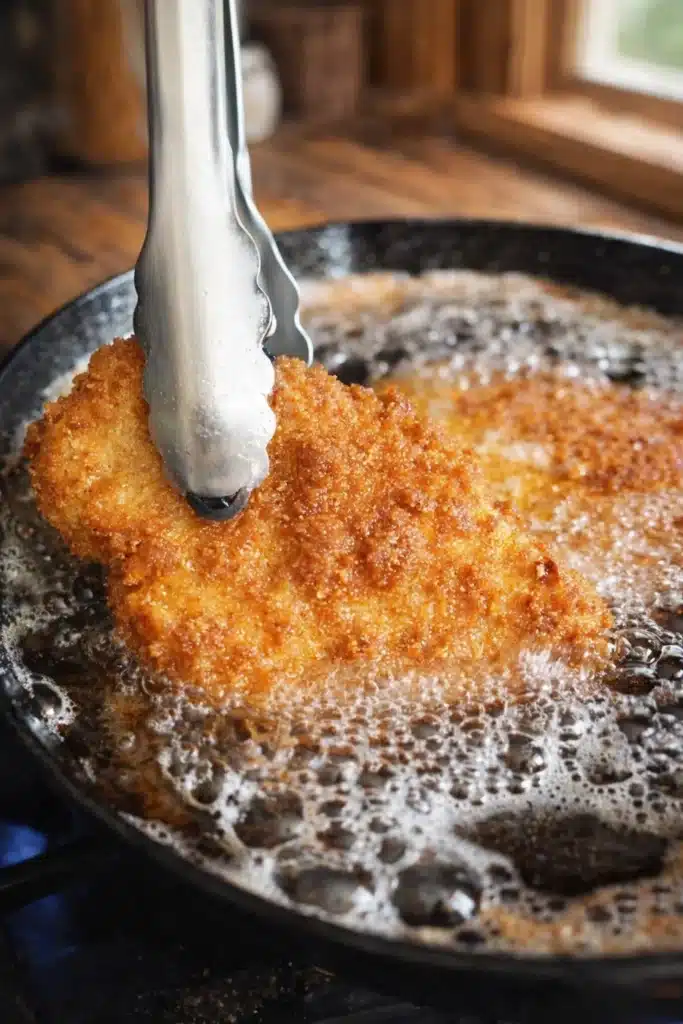 Fried Chicken Cutlets 3 Fried Chicken Cutlets frying in bubbling oil in skillet