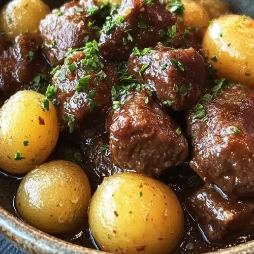 Garlic butter beef bites with golden potatoes in glossy sauce