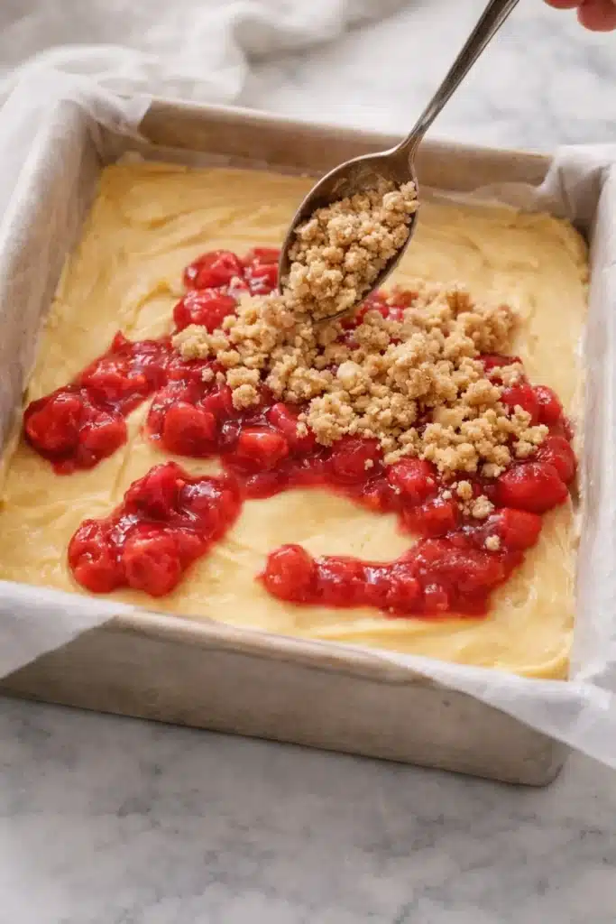 Gluten Free Rhubarb Crumble Bars 2 Gluten Free Rhubarb Crumble Bars custard layer with rhubarb topping