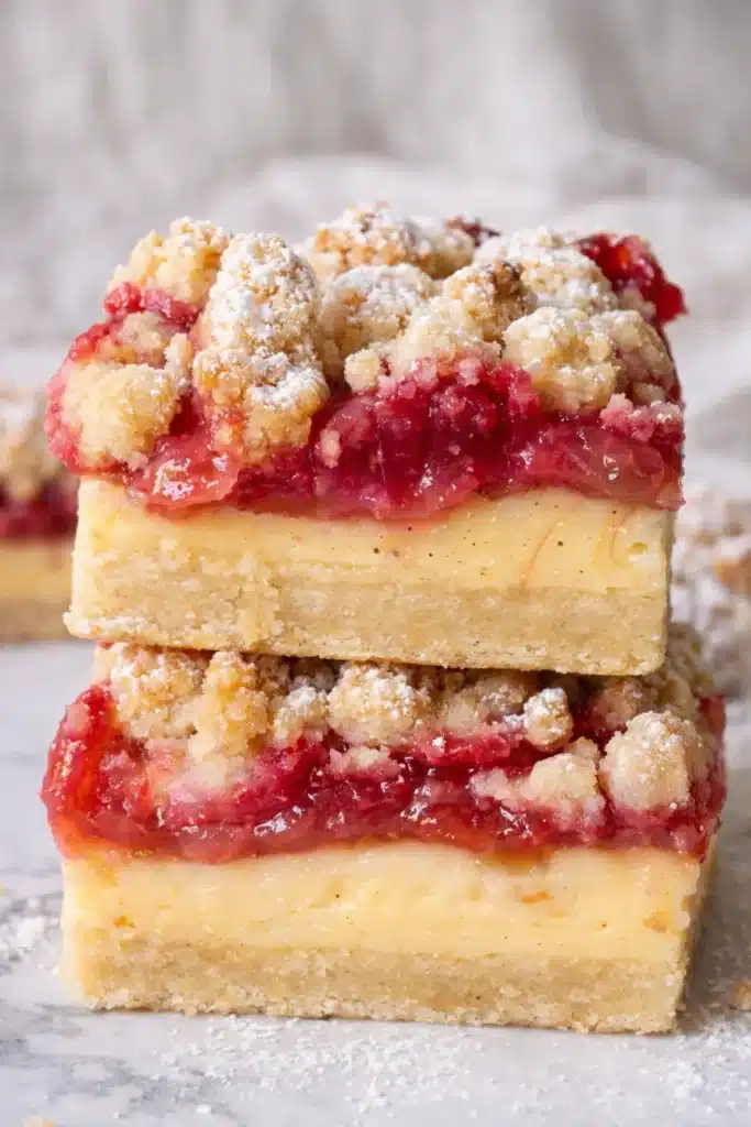Gluten Free Rhubarb Crumble Bars 3 Stacked Gluten Free Rhubarb Crumble Bars with custard and crumble topping