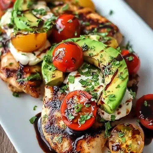 Grilled California avocado chicken with cherry tomatoes and balsamic glaze