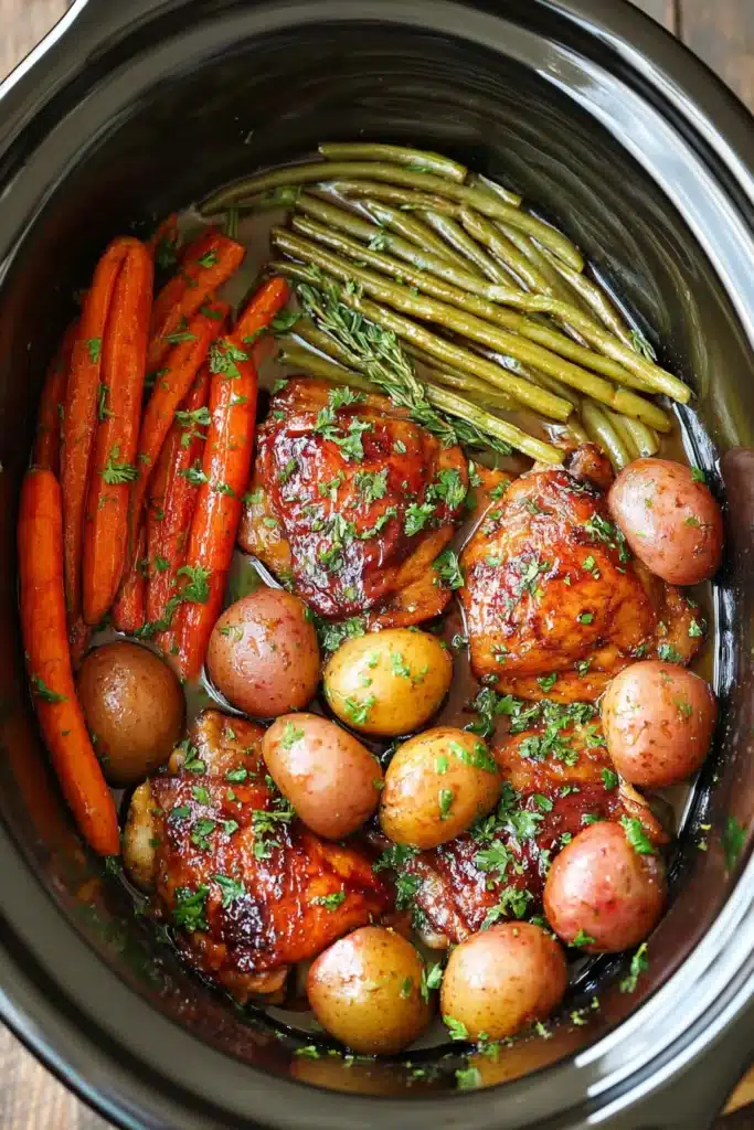 Honey Garlic Chicken and Veggies Slow Cooker Recipe 1 Honey garlic chicken and veggies in slow cooker with potatoes, carrots and green beans