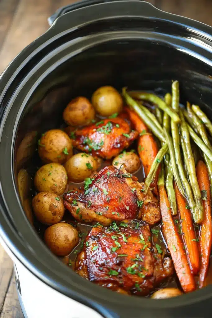 Honey Garlic Chicken and Veggies Slow Cooker Recipe 2 Honey Garlic Chicken and Veggies cooking in slow cooker with potatoes and carrots
