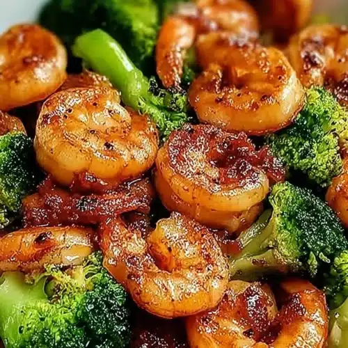 Honey garlic shrimp with broccoli in a white bowl, glazed and golden brown