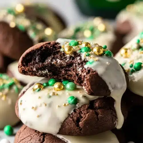 Stacked chocolate Irish cream cookies with white glaze and green gold sprinkles