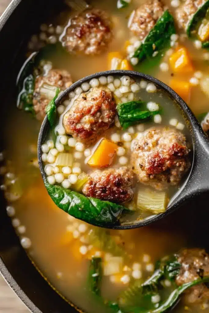 Italian Wedding Soup in ladle with meatballs spinach and pearl pasta