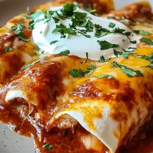 Cheesy lazy enchiladas with red sauce, melted cheese, cilantro, and sour cream on a plate
