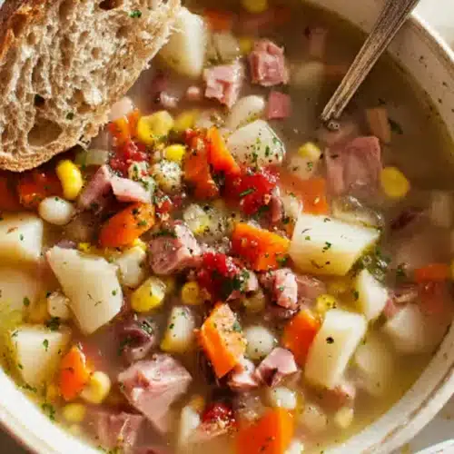 Bowl of leftover hambone soup with ham, vegetables, and bread