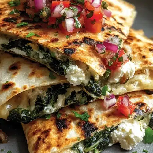 Crispy Mediterranean quesadillas with spinach, feta, and fresh tomato topping