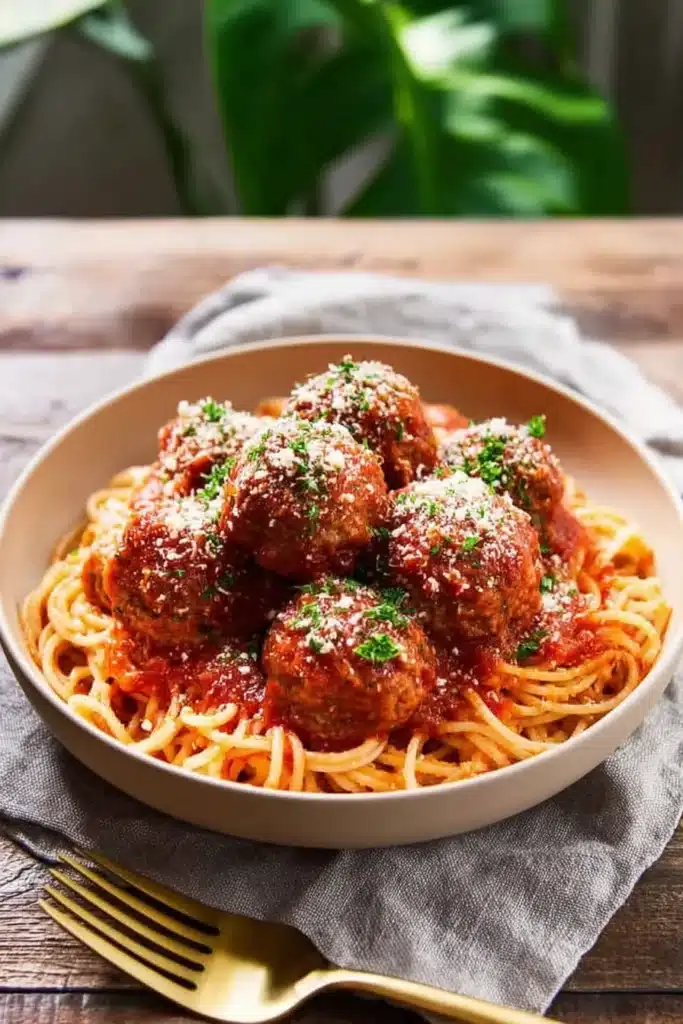 Bowl of melt-in-your-mouth Italian meatballs with spaghetti and marinara sauce