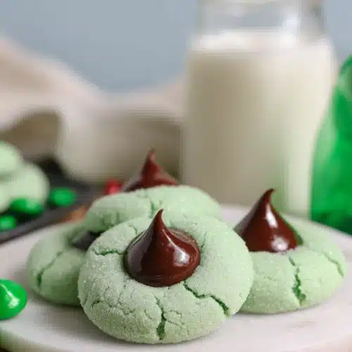 Mint chocolate kiss blossom cookies on marble surface with glossy chocolate topping