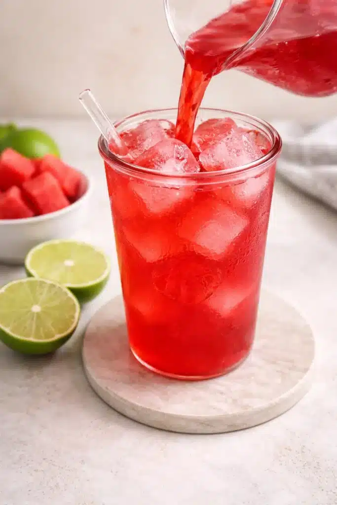 Natures Gatorade Recipe That’s Simple, Fresh, and Healthy 2 Pouring Natures Gatorade over ice in a glass jar with watermelon and lime