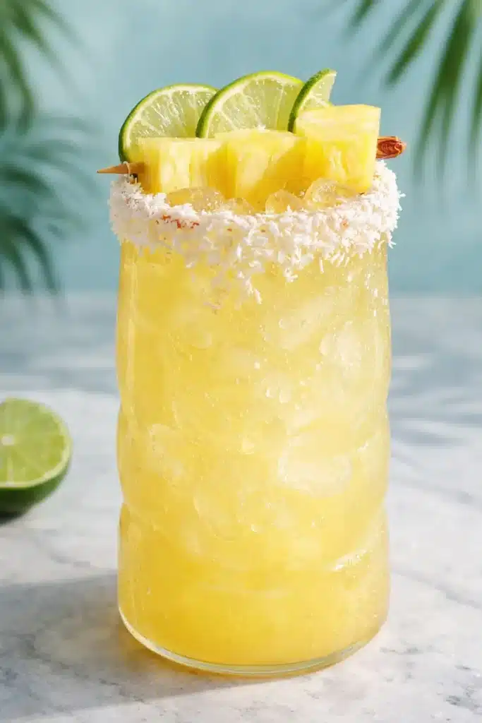 Non Alcoholic Piña Colada Punch That’s Quick, Creamy, and Refreshing 2 Non Alcoholic Piña Colada Punch with coconut rim and pineapple lime garnish