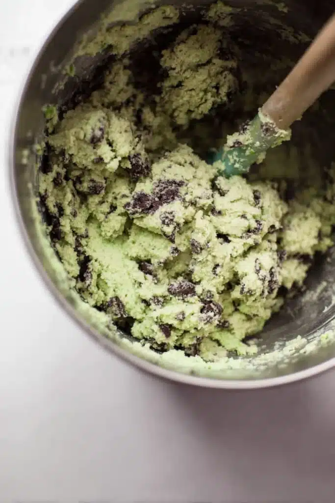 Oreo Shamrock Shake Cookies 2 Pistachio chocolate chunk cookie dough in mixing bowl