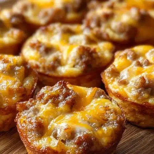 Golden brown pancake sausage mini muffins topped with melted cheese on a tray
